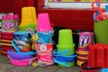 Buckets and spades at beach shop Royalty Free Stock Photo