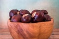 Buckeye Chestnut in wooden bowl on wooden surface. Side View formation of Fresh conkers Royalty Free Stock Photo