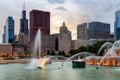 Buckingham fountain and Chicago downtown at sunset, Chicago, Illinois Royalty Free Stock Photo
