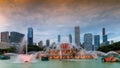 Buckingham fountain and Chicago downtown at sunset, Chicago, Illinois Royalty Free Stock Photo