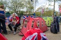 BUCKINGHAM PALACE, LONDON - 4 May 2023: People camping outside Buckingham Palace ahead of the Coronation of King Charles III