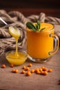 Buckthorn juice in a glass with honey Royalty Free Stock Photo