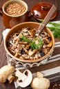 Boiled buckwheat porridge with  mushrooms in  ceramic bowl Royalty Free Stock Photo