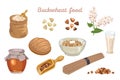 Buckwheat food set. Flowering plant, buckwheat grains, flour, porridge, honey, bread, vegan milk and noodles Royalty Free Stock Photo