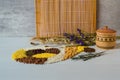 Buckwheat grain, rice, corn, pea, semolina and lentil on a white wooden background in form of horn of plenty. Royalty Free Stock Photo