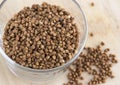 Buckwheat groats in a glass on a wooden table