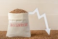 Buckwheat harvest. Poor agricultural harvests, food shortages, world hunger. A bag of buckwheat on a brown background