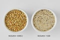 Buckwheat kernels and buckwheat flour in bowl