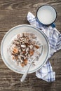 Traditional Slovenian Buckwheat mush or zganci served with pork cracklings and milk