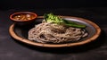 Buckwheat noodle with teriaki sauce.Asian dish. With wooden sticks. On a clay plate. Generative Ai Royalty Free Stock Photo