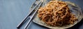 Buckwheat noodle with teriaki sauce.Asian dish. With wooden sticks. On a clay plate and a gray background. Royalty Free Stock Photo