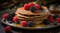 Buckwheat pancakes with berry fruit and honey on wooden vintage table