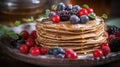 Buckwheat pancakes with berry fruit and honey on wooden vintage table