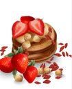 Buckwheat pancakes with strawberry fruits and nuts Vector. Tasty healthy breakfasts