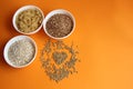 Buckwheat, pearl barley, macaroni in plates