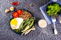 Buckwheat porridge with boiled eggs, vegetables and broccoli,diet food Royalty Free Stock Photo