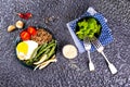 Buckwheat porridge with boiled eggs, vegetables and broccoli,diet food Royalty Free Stock Photo