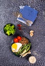 Buckwheat porridge with boiled eggs, vegetables and broccoli,diet food Royalty Free Stock Photo