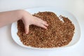 Buckwheat porridge and a child`s hand playing with it