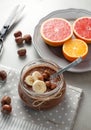 Buckwheat porridge with cocoa, hazelnuts and banana Royalty Free Stock Photo