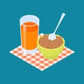 Buckwheat Porridge and fruit juice. Breakfast Healthy food. Vector illustration Royalty Free Stock Photo