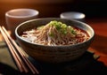 Buckwheat soba noodles with chopsticks on restaurant table.Macro.AI Generative