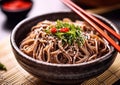 Buckwheat soba noodles with chopsticks on restaurant table.Macro.AI Generative