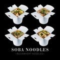 Buckwheat Soba noodles in white delivery packing boxes isolated on black background. Pasta in package with pork, beef, chicken and Royalty Free Stock Photo