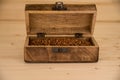 Buckwheat in a wooden chest close-up