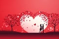 Bucolic design with the silhouette of a couple in love with a big heart on a red gradient style background, ai generated Royalty Free Stock Photo