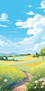 Bucolic Landscapes: A Detailed Vector Illustration Of Sunny Grassland Under Azure Sky