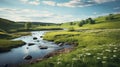 Bucolic Landscapes: A Dreamy River Running By A Hill
