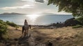 Bucolic Landscapes: A Woman Riding Her Horse Amidst Scottish Ocean Scenery