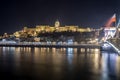 Buda Castle by the Danube river illuminated at night in Budapest, Hungary Royalty Free Stock Photo