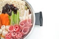 Budae Jjigae or Budaejjigae Army stew or Army base stew. It is loaded with Kimchi, spam, sausages, ramen noodles and much more Royalty Free Stock Photo