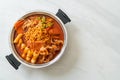 Budae Jjigae or Budaejjigae Army stew or Army base stew. It is loaded with Kimchi, spam, sausages, ramen noodles and much more