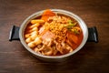 Budae Jjigae or Budaejjigae Army stew or Army base stew. It is loaded with Kimchi, spam, sausages, ramen noodles and much more