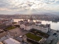 Budapest from Above Hungarian Parliament Building and Danube River. Drone