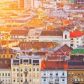 Budapest aerial panoramic view. Top view on street and avenue with old residential buildings and church in Budapest city, capital