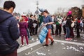 BUDAPEST APRIL 07, 2018: Group of people participate in pillow fight on International Pillow Fight Day on April 5 on the