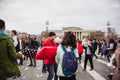 BUDAPEST APRIL 07, 2018: Group of people participate in pillow fight on International Pillow Fight Day on April 5 on the