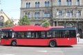 Budapest, B, Hungary - August 19, 2023: Red electric trolleybus for the transport of citizens and tourists in the capital