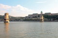 Budapest, B, Hungary - August 18, 2023: Szechenyi Chain Bridge over Danube River and Buda Castle on the Hill Royalty Free Stock Photo