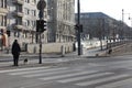 BUDAPEST, HUNGARY -DECEMBER 17, 2017: a man with a dog stands in front of a pedestrian crossing. Red light at traffic lights Royalty Free Stock Photo