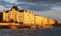 Budapest buildings on the Danube river bank exposed to the sun set sun rays