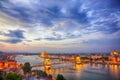 Budapest city night scene. View at Chain bridge, river Danube an Royalty Free Stock Photo