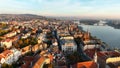 Budapest sunrise skyline, aerial view. Danube river, Buda side, Hungary