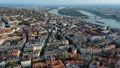 Budapest sunrise skyline, aerial view. Danube river, Buda side, Hungary