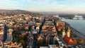 Budapest sunrise skyline, aerial view. Danube river, Buda side, Hungary