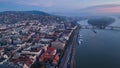 Budapest sunrise skyline, aerial view. Danube river, Buda side, Hungary